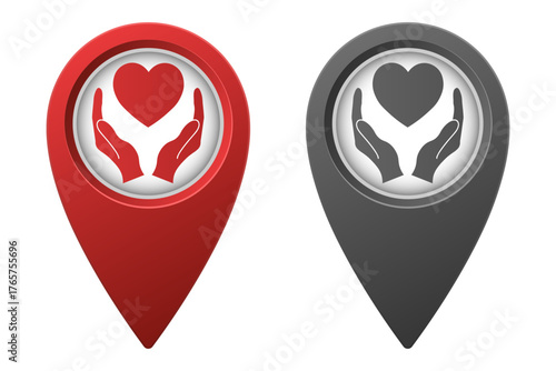 Active red and inactive gray map pointer or marker with heart in hands icon