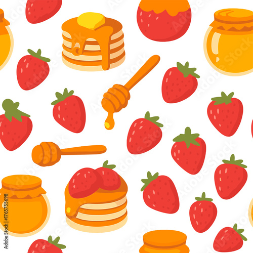 Sweet breakfast seamless pattern with pancakes strawberries and jars of golden honey