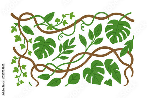Seamless pattern of tropical jungle lianas and various green foliage elements