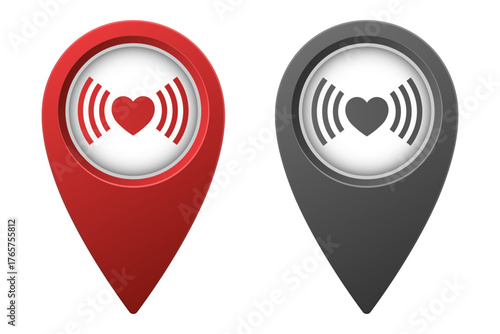 Active red and inactive gray map pointer or marker with wifi heart icon