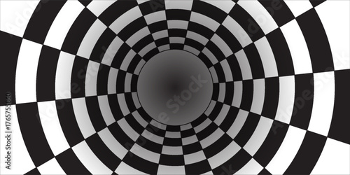 Chess perspective room background. Black and white chess board perspective room texture. Chess board pattern surface. Fading and disappearing chess board background. Abstract vector illustration.Print
