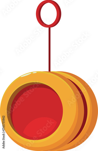 Classic round yo yo toy hanging by a string, featuring a red center and shiny gold sides, perfect for playful entertainment
