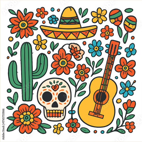 Traditional Mexican cultural symbols: sugar skull, sombrero, cactus, guitar, and maracas