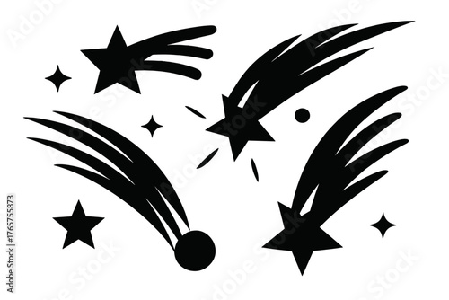 Stylized black silhouettes of shooting stars and comets with dynamic trails on night sky