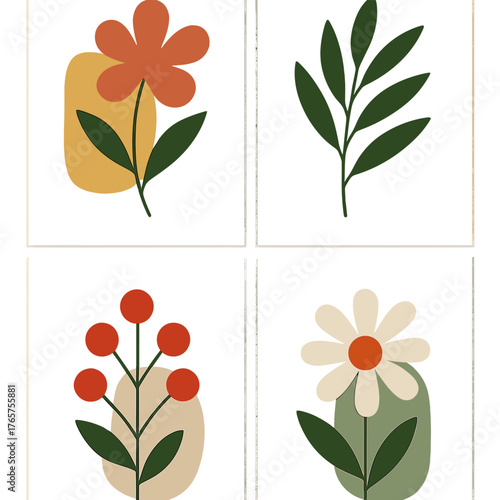 Minimalist abstract botanical set with organic shapes, flowers, and leaves in earthy colors