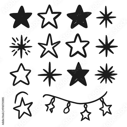 Rough textured black stars and sparkling celestial elements in doodle style