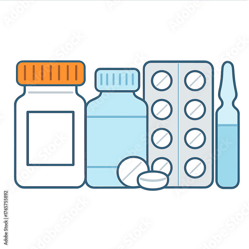 Various medical supplies including pill bottles, blister packaging, loose tablets, and a liquid ampule