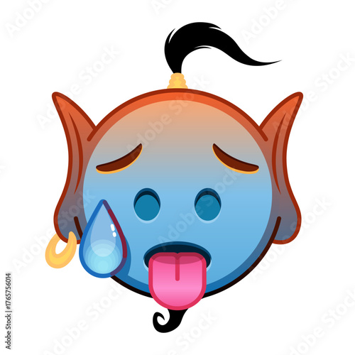 Blue red genie cartoon emoji with sweaty face and tongue