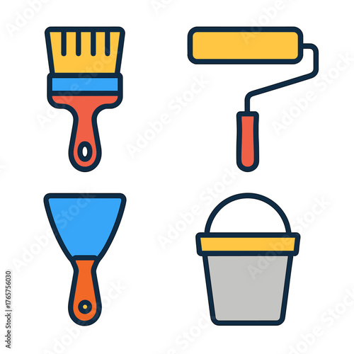 Colorful set of essential tools for home renovation painting and construction work