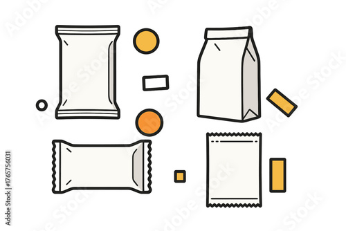 Blank food packaging templates set including snack bags, wrappers, and paper pouches