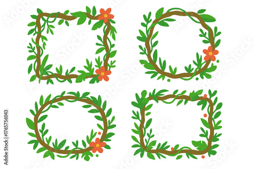Collection of tropical jungle vine borders with lush green foliage and bright blossoms