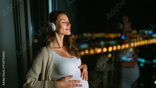 Pregnant woman with headphones, standing near window, eyes closed, enjoying music while night city glows in background, relaxed moment. pregnant woman headphones 
