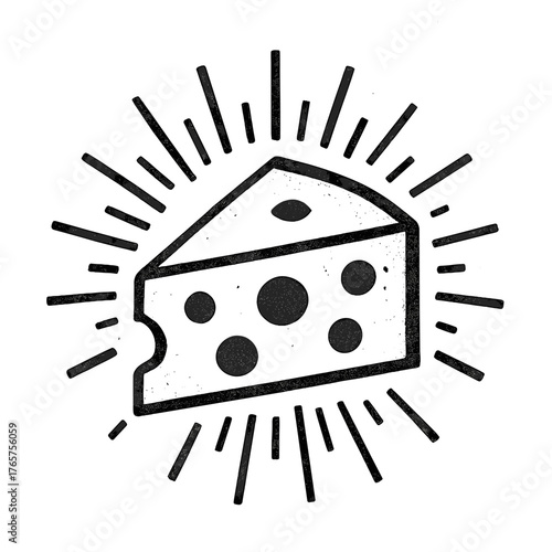 Retro distressed cheese wedge with holes and radiating lines on a white background