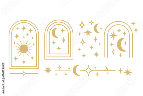 Minimalist celestial arch frames with sun moon and stars in golden line art style