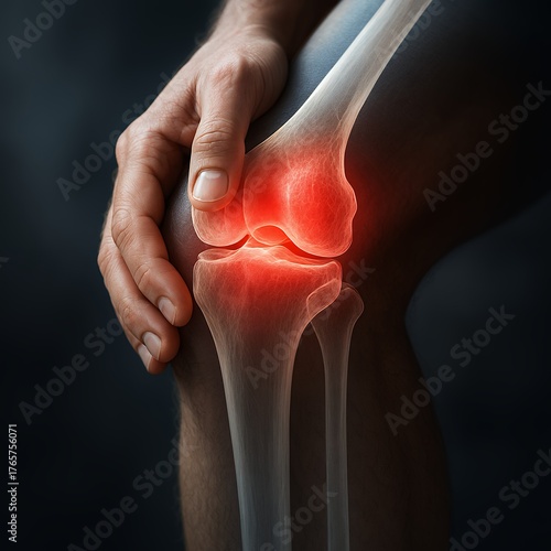close-up hand holding the knee, with a transparent overlay showing the bone structure inside the knee joint. A red glowing mark indicates pain or injury on the knee area.