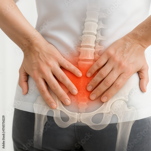 close-up hands holding the lower back, with a transparent overlay showing the spine and pelvic bones. A red glowing mark highlights pain or injury in the lower back area