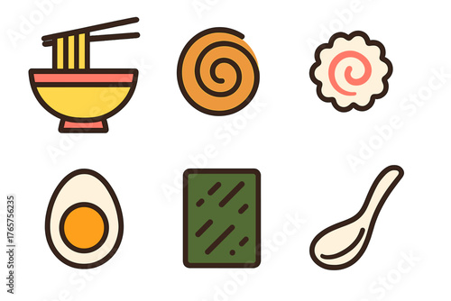 Ramen ingredients and toppings set including noodles, egg, fish cake, and seaweed