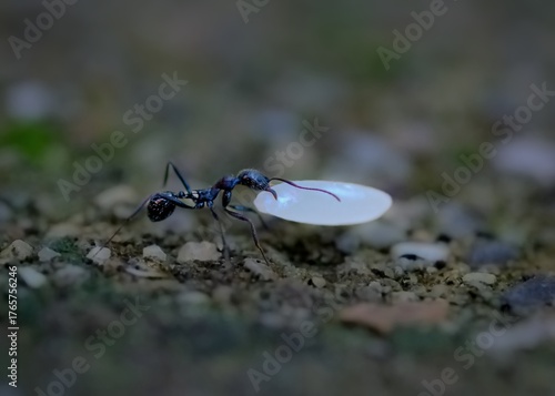 Ant on white and purple flower. Sharp macro showing pollen interaction, morphological details, and exploratory behavior in natural habitat with soft background and vivid colors.