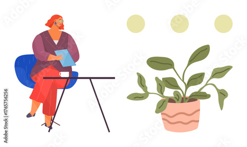 Woman seated on chair reading from tablet at desk with coffee, potted plant nearby. Ideal for mindfulness, productivity, relaxation, work-life balance, self-care, indoor lifestyle, modern workspace