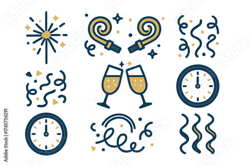 Celebration elements including fireworks, champagne glasses, party horns, and countdown clocks