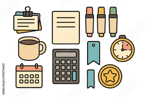 Essential office supplies and productivity tools for business planning and time management