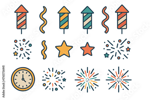 Colorful collection of celebration icons featuring fireworks, stars, clock, and firecrackers