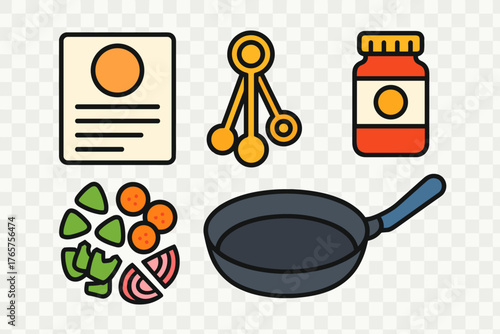 Set of cooking icons featuring kitchen utensils ingredients and recipe elements like a frying pan and measuring spoons
