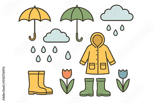 Spring rain essentials set with umbrellas, yellow raincoat, rubber boots, and tulips
