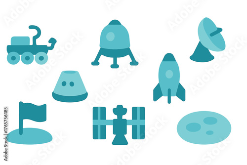 Flat style icons of space exploration vehicles, rockets, satellite, and planetary objects
