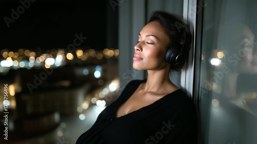 Pregnant woman with headphones, standing near window, eyes closed, enjoying music while night city glows in background, relaxed moment. pregnant woman headphones