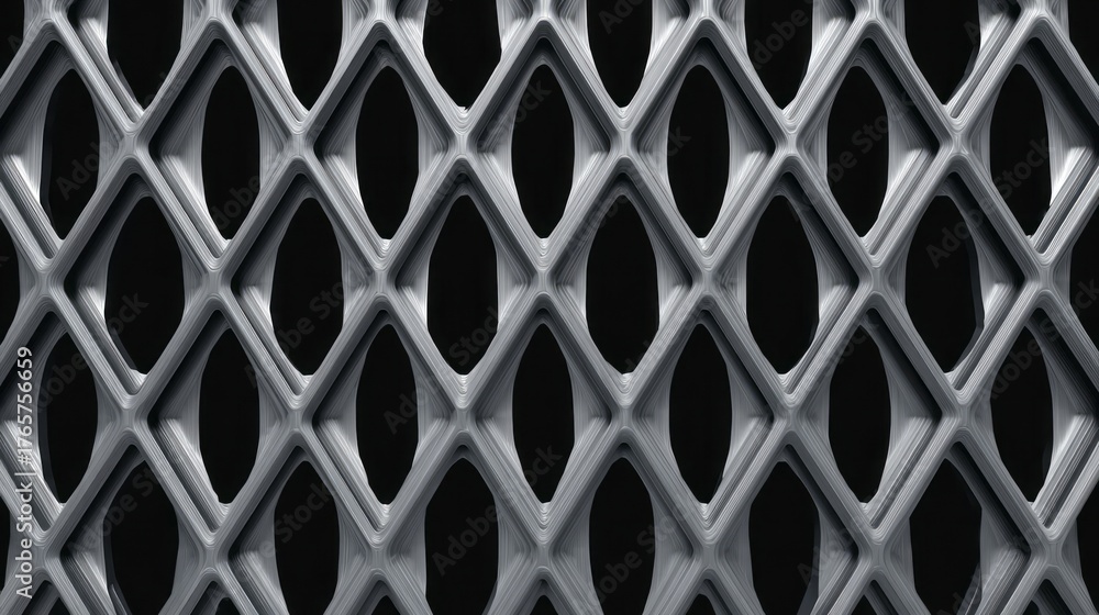 Fototapeta premium Textured diamond pattern of metallic gray material on black background.