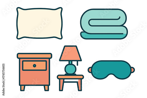Collection of essential bedroom items including pillow, blanket, nightstand, and eye mask