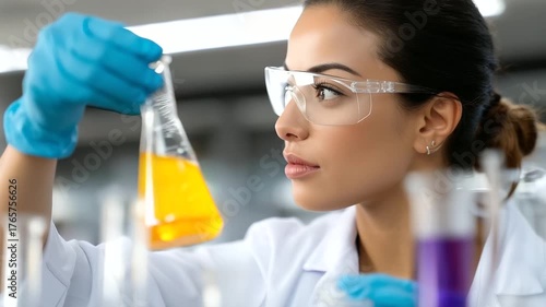 Professional woman researcher analyzing chemical sample in test tube, surrounded by glassware and flasks in bright laboratory. chemical analysis lab
