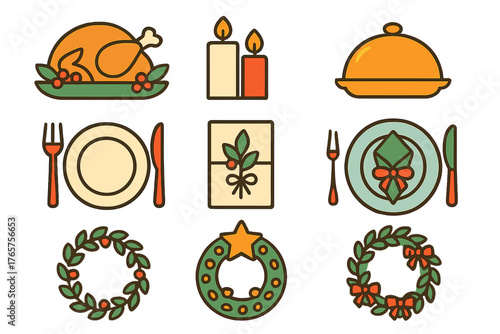 Festive holiday dining and Christmas decoration symbols featuring roasted turkey, candles, and table settings