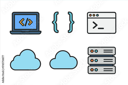 Development and computing symbols set: laptop, curly braces, terminal, cloud, and server racks