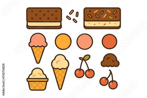 Assortment of frozen dessert treats including ice cream sandwiches cones and cherries