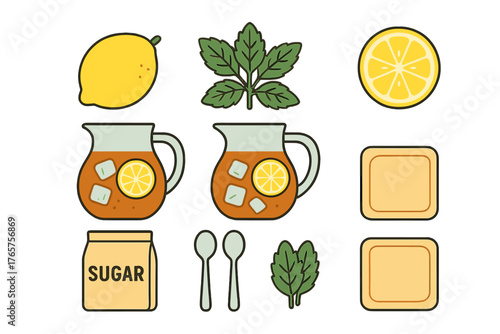 Refreshing iced tea preparation elements including lemon, mint leaves, sugar bag, spoons, and full pitchers