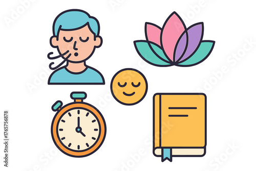 Mindfulness, deep breathing, meditation, time management, and learning concepts for self-care and wellness