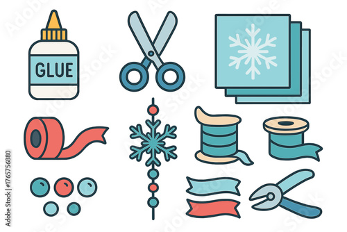 Winter holiday crafting supplies set including scissors, glue, ribbon, thread, and snowflake paper