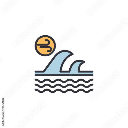 A stylized image of ocean waves with a floating sun symbol, representing low tides, calm sea conditions, and gentle water movement in coastal weather reports.