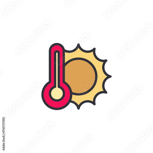 A sun and thermometer icon illustrating high temperature or heatwave conditions, highlighting extreme warmth, summer climate, and hot weather warnings for forecasting uses.