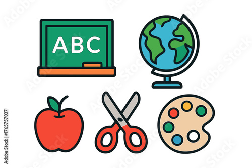 Colorful collection of essential school supplies and learning objects