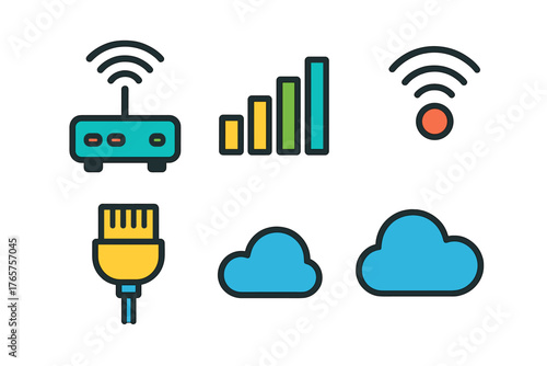 Set of essential network and internet technology icons including Wi-Fi router, cloud computing, and Ethernet plug