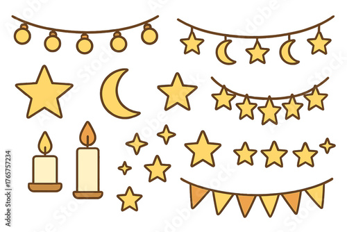 Festive decorative elements set with stars, crescent moons, burning candles, and string lights