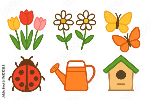 Colorful set of spring garden elements including blooming flowers and gardening tools