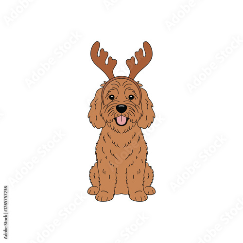 Cute dog wearing reindeer antlers festive vector illustration for Christmas celebration pet-themed holiday content or cheerful lifestyle branding