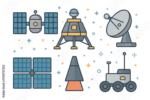 Space technology icons featuring satellite lander rover and communication dish elements