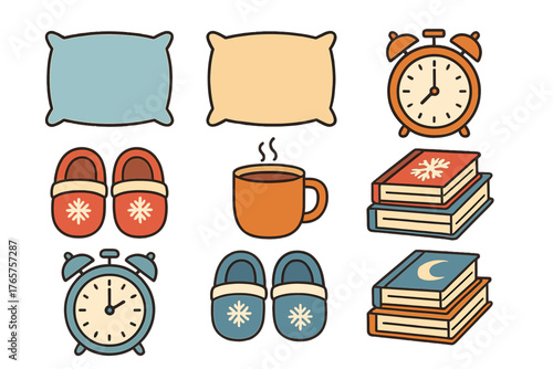 Collection of cozy morning and bedtime essentials including pillows slippers clocks books and hot drink mug
