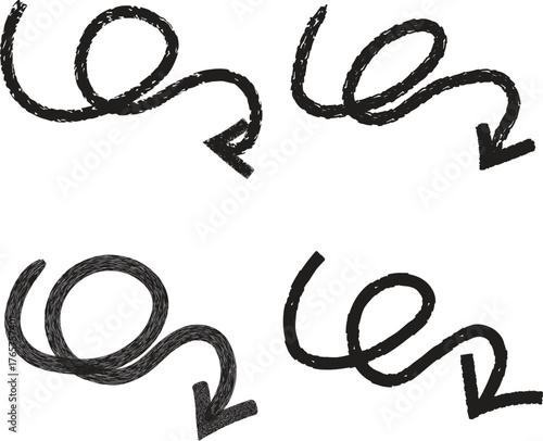 Four dynamically curved black arrows are spiraling downward against a transparent background