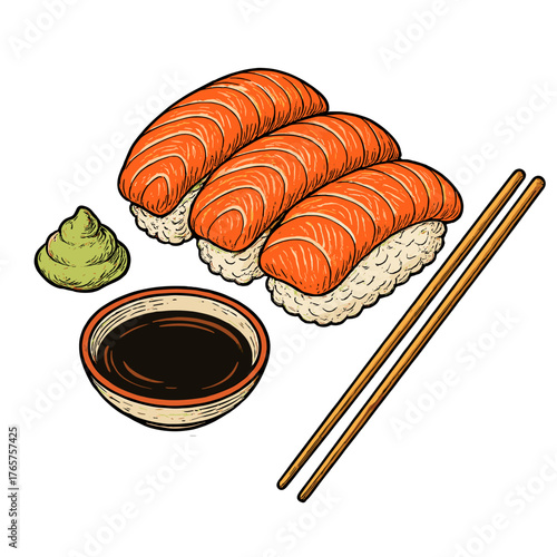 Traditional Japanese salmon nigiri sushi served with wasabi, soy sauce, and wooden chopsticks